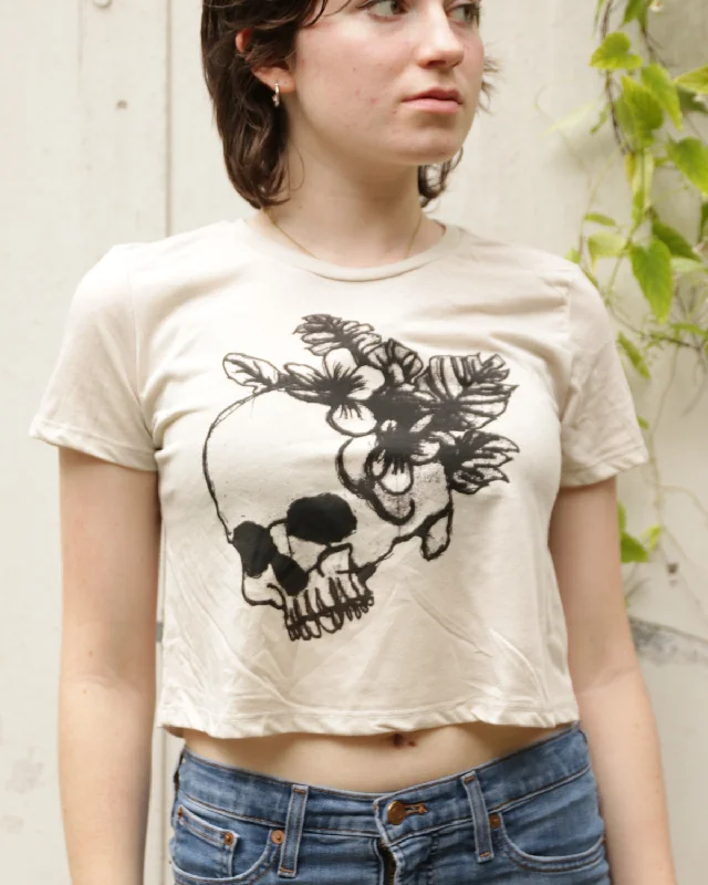 Life and Death - Women's Botanical Skull and Floral Crop Top Real Fur Shearling Chenille