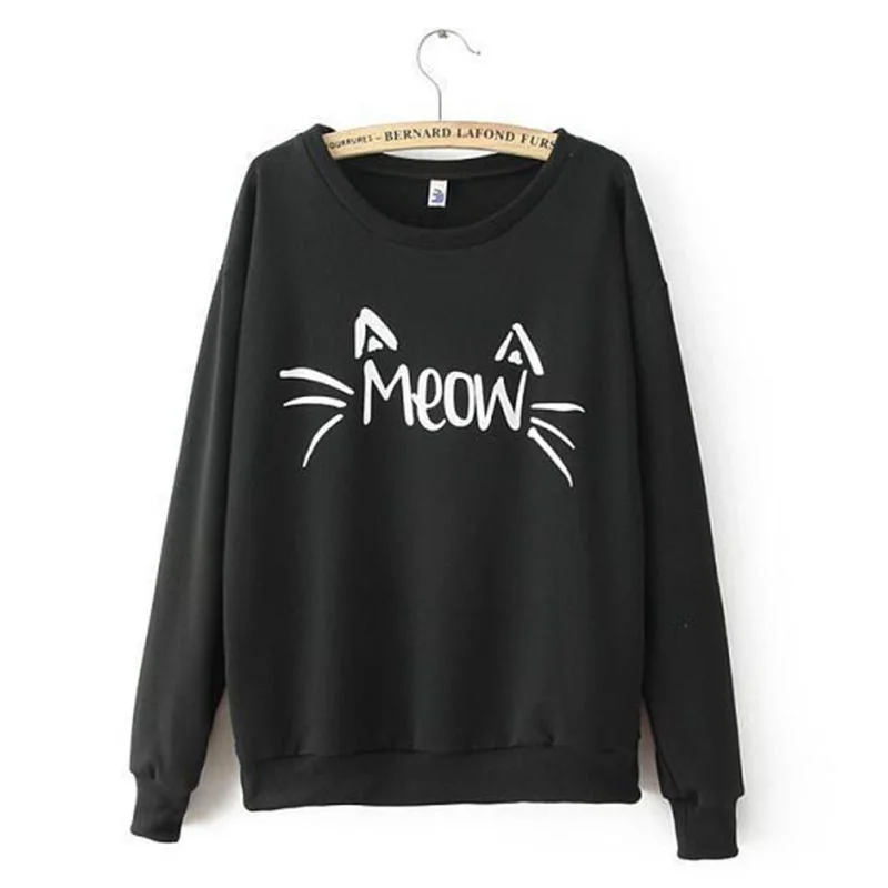 Fashion Girl Women Tops Long Sleeve Cute MEOW Print Shirts Blouse Sweater Hooded Sweater Collared Sweater Shawl Collar