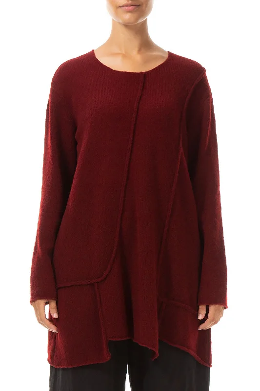 Exposed Seam Loose Maroon Wool Sweater Zippered Buttoned Snapped