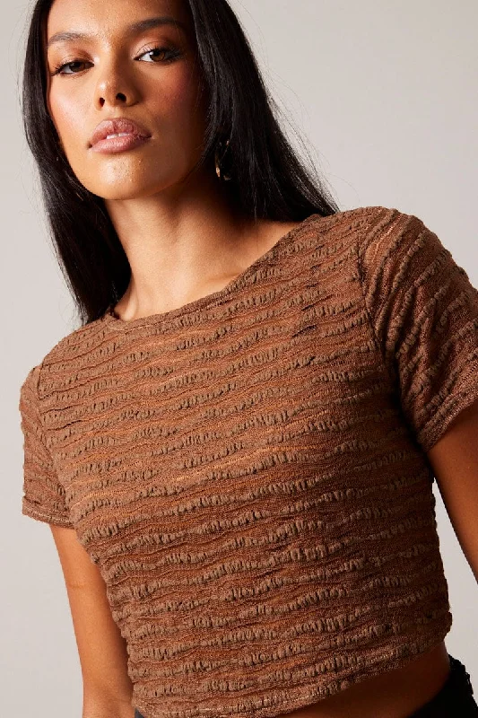 Brown Crop Top Short Sleeve Textured Striped Floral Plaid