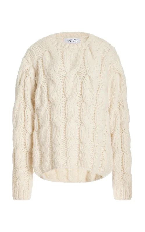 Ember Knit Sweater in Ivory Welfat Cashmere Solid Print Embellished