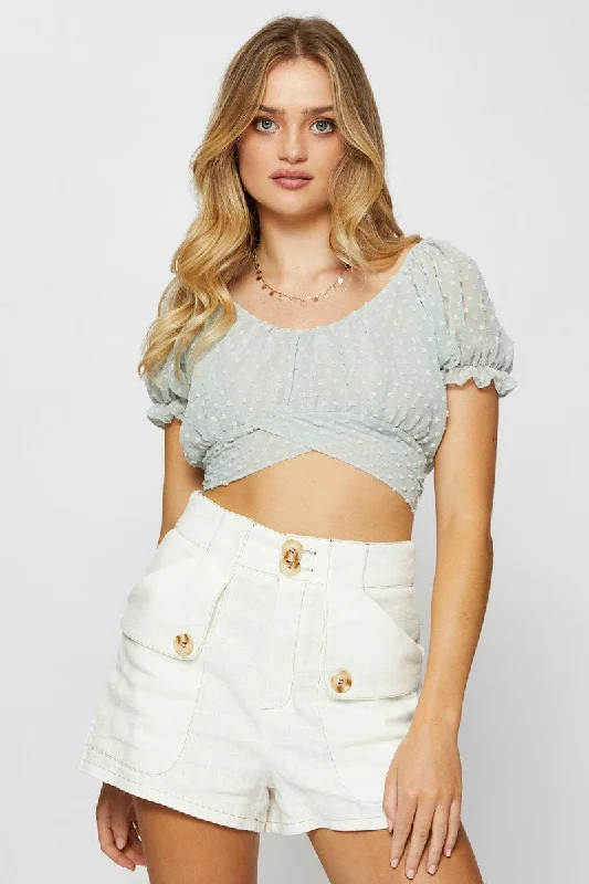 Green Crop Top Long Sleeve Zippered Front Buttoned Front Snap Front