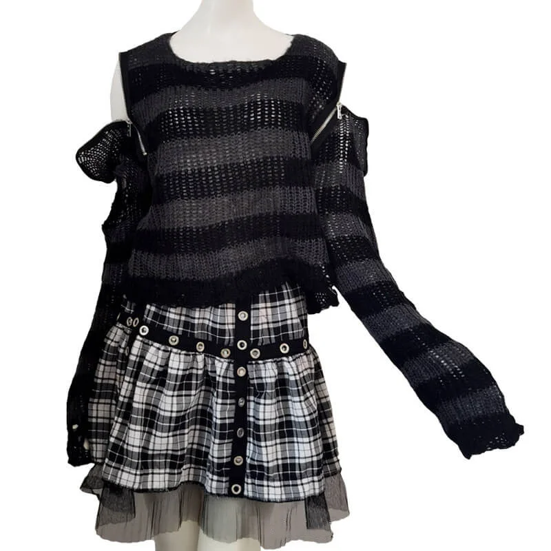 Punk Stripe Zipped Off-Shoulder Sweater Hooded Caped Shawl Collar