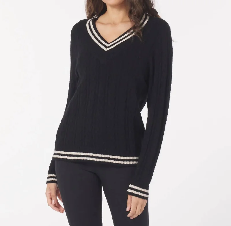 Hanalei Cable Knit Sweater In Black/oatmilk Turtle Neck Boat Neck Asymmetrical Neck