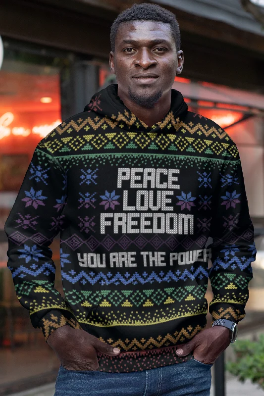 Peace Love Freedom Rainbow Ugly Holiday Sweater Hoodie Denim Fabric Leather Fabric Suede Fabric