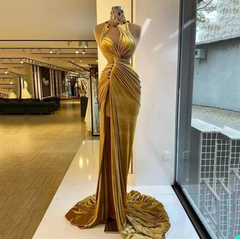 Gold Evening Dresses Sheath High Collar Velvet Beaded Slit Long Turkey Dubai Saudi Arabic Evening Gown Prom Dresses Tunics Stylish elegant Gold Evening Dresses Sheath High Collar Velvet Beaded Slit Long Turkey Dubai Saudi Arabic Evening Gown Prom Dresses Tunics Stylish elegant