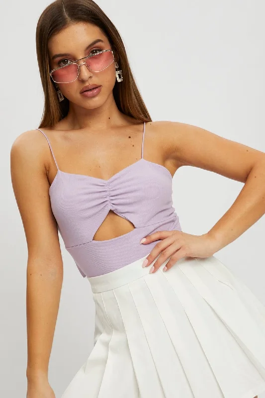 Purple Bungee Strap Cut Out Rib Crop Top Ribbed Striped Patterned