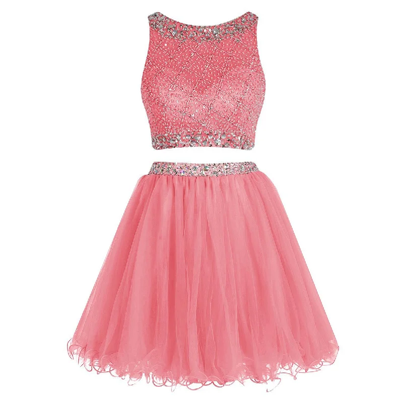 Bateau Neck Illusion Pink Short Crystal Beaded Two Piece Sequined Crop Top Tulle Mini Prom Dresses Solid Color Striped Floral