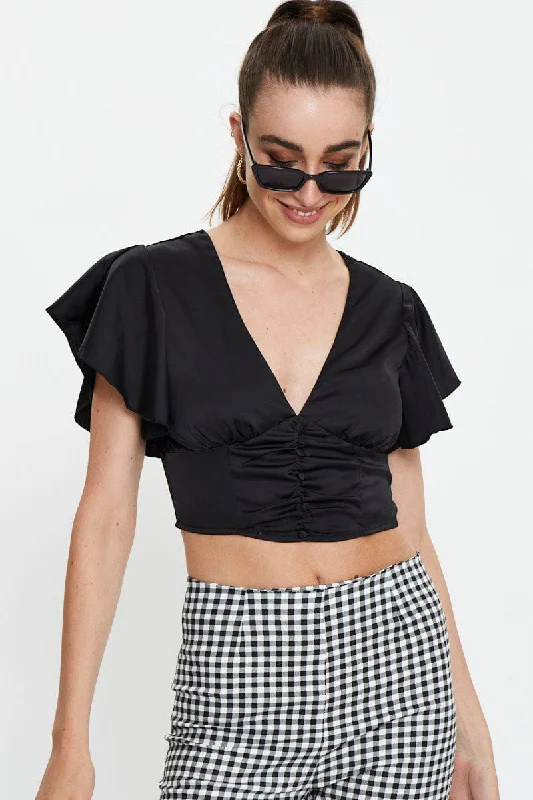 Black Button Front Satin Crop Top Rayon Velvet Corduroy