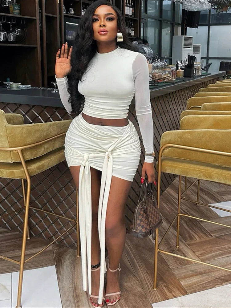 Weird Puss Solid Patchwork 2 Piece Set Women Autumn See Through Sleeve Crop Top+Skinny Pleats Tassel Sexy Skirts Streetwear Suit Fleece Nylon Spandex