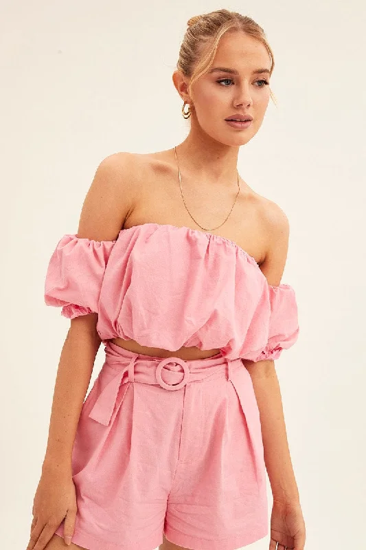 Pink Crop Top Off Shoulder Puff Sleeve Mesh Blend Leather Blend Suede Blend
