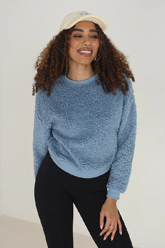 PLAIN CROPPED CREW NECK ALL OVER BORG SWEATSHIRT Hoodie with Elastic Waist Stretchable Comfortable