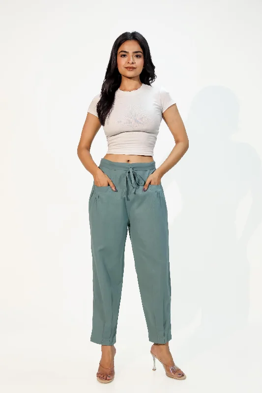 Teal Green Women's Pleated-Narrow Trousers Trousers sophisticated sleek