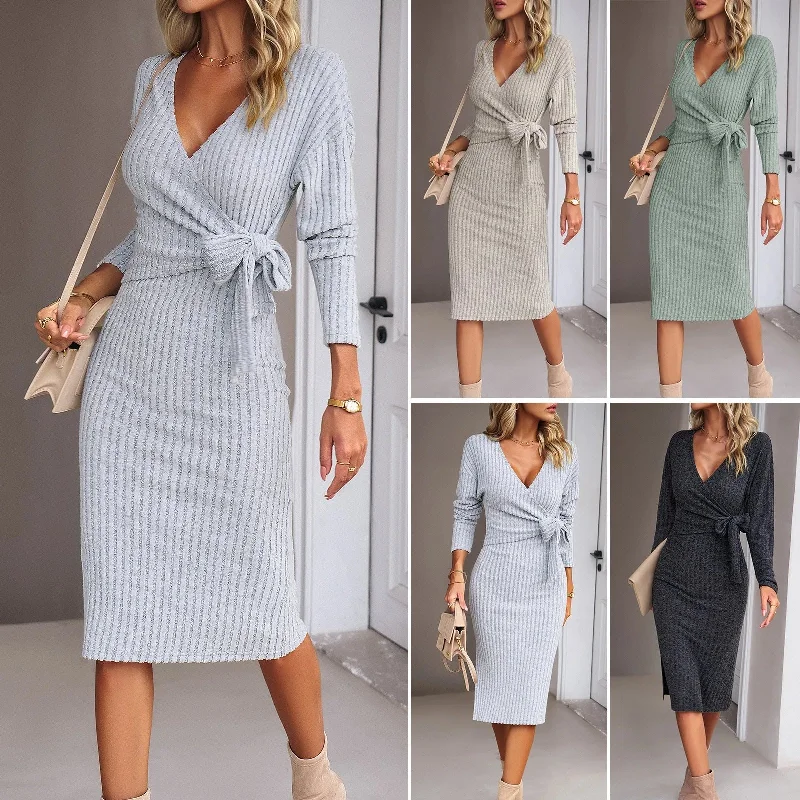 Autumn And Winter V-neck Long Sleeve Knitted sweater Wrap Dress Solid Color Striped Floral Print