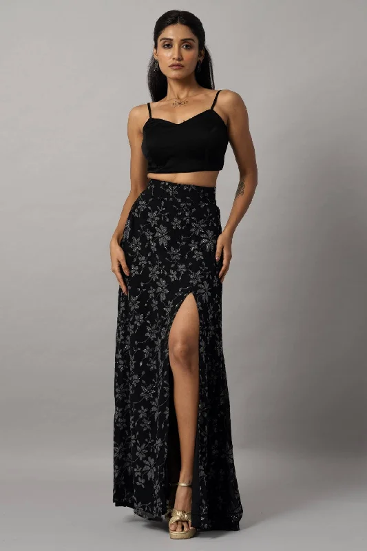 Black Crop Top and Slit Skirt Set Hooded Caped Shawl Collar