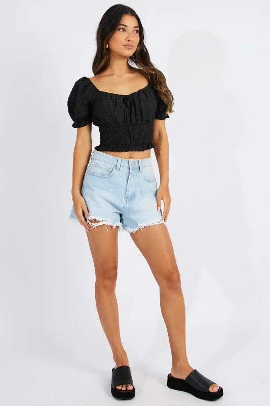 Black Crop Top Short Sleeve Solid Print Embellished
