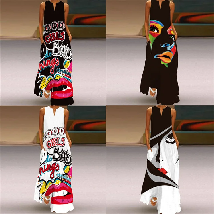 Sleeveless Long Dress V-neck Letter Retro Printed Dress (Cl10611) Tunics Versatile all-occasion