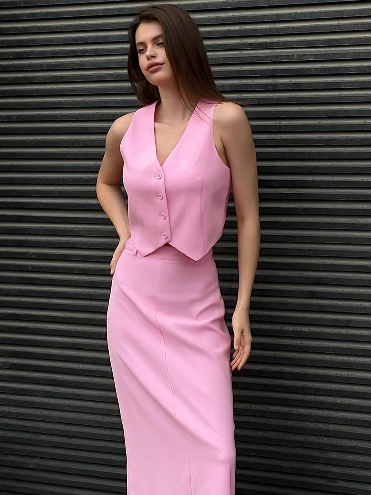 Advbridge 2024 Fashion Sleeveless Crop Top + High Waist Long Skirts 2 Pieces Sets Summer Slim Pink Skirt Sets Women Office Outfit Mesh Fabric Canvas Fabric Denim Fabric