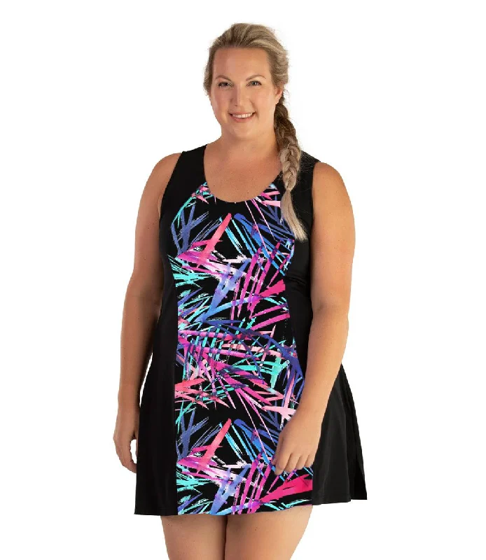 AquaSport Crossback Swim Dress Sunset Palm Print Black - FINAL SALE Turtleneck Neckline Stylish