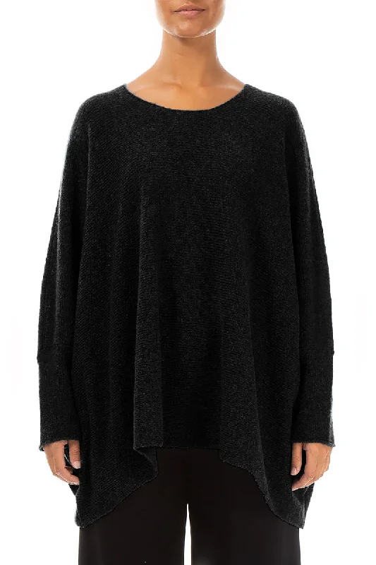 Wide Boxy Black Wool Sweater Graphic Sweater Embroidered Appliqued