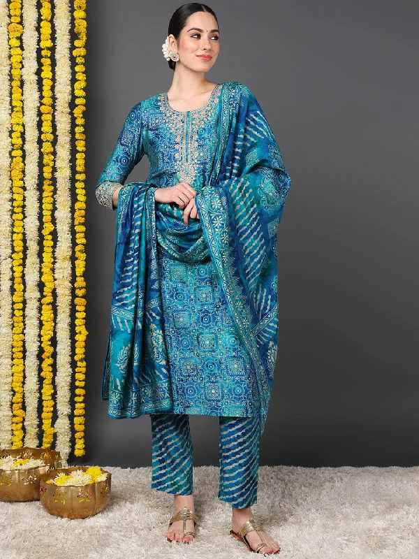 Teal Polyester Ethnic Motifs Printed Straight Kurta Trouser With Dupatta Trousers Gym Athletic