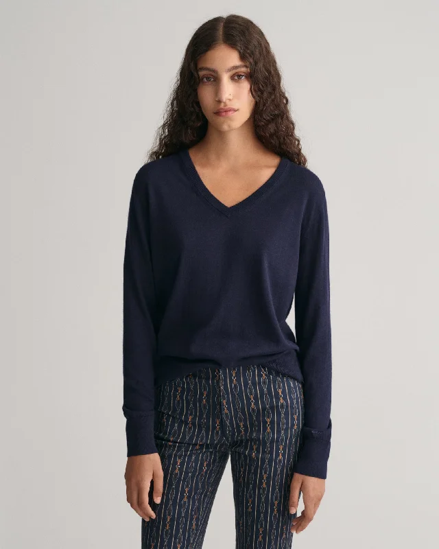 Fine Knit V-Neck Sweater - Evening Blue Anti-Pilling Anti-Shrink Durable