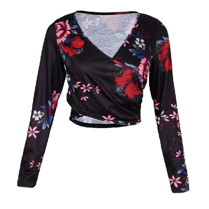 Maxbell Women's Floral Print Cross Wrap Crop Tops Long Sleeve V Neck Shirts M Black Mesh Blend Leather Blend Suede Blend