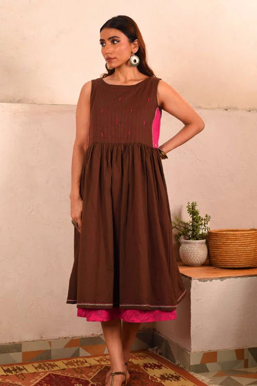 Rangsutra Saheli Double Layer Hand Embroidered Brown Mulmul Cotton Dress With Printed Pink Slip Tunics Top rated