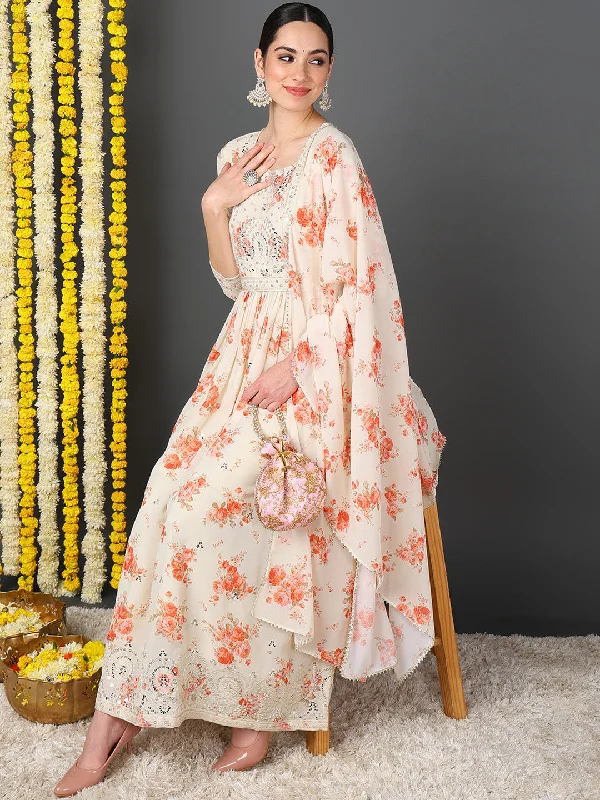 Off White Georgette Floral Printed Flared Kurta Trouser With Dupatta Trousers Hiking Durable