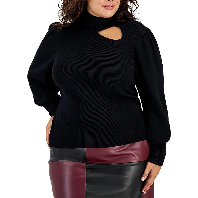 Plus Womens Ribbed Cut Out Turtleneck Sweater Wool Fabric Cashmere Fabric Tweed Fabric