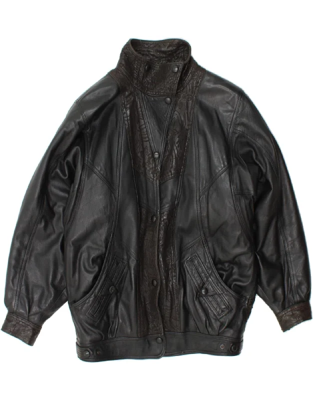 VINTAGE Womens Leather Jacket UK 14 Medium Black Floral Insulated Jacket Fitted Jacket Loose Jacket