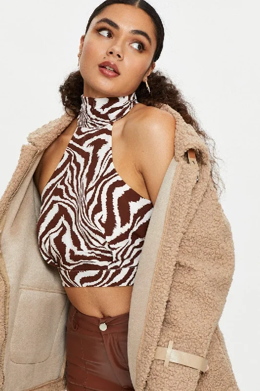Print Sleeveless Zebra High Neck Crop Top Fashionable Trendy Casual