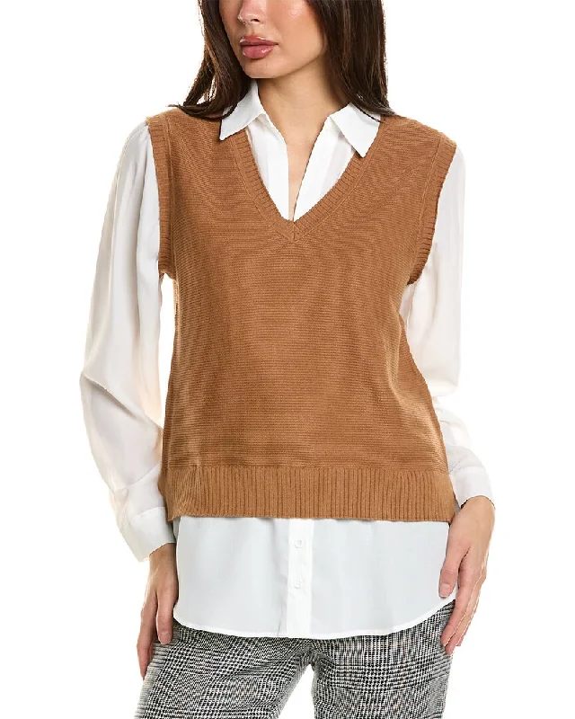 Adrianna Papell V-Neck Vest Two-Fer Sweater Terry Terry Cloth Terry Knit