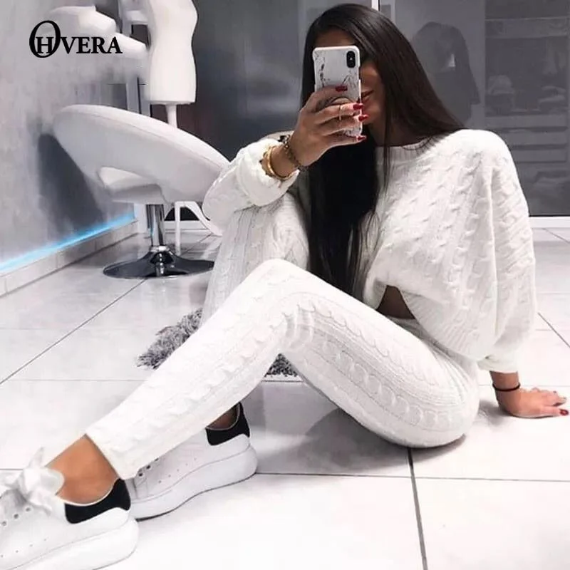 Ohvera Knitted 2 Piece Set Women Long Sleeve Crop Tops And Long Pants Sexy 2018 Winter Sweater Two Piece Set Outfits Cashmere Blend Cotton Blend Poly Blend