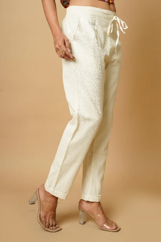 Off White Cotton Crafted Women's Trousers Trousers Corduroy Warm