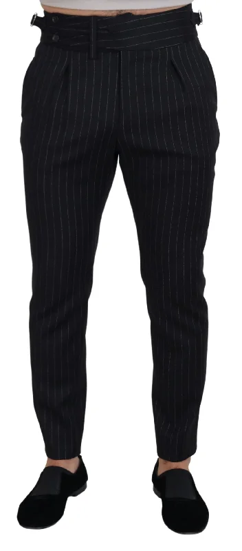 Elegant Black Striped Wool Blend Trousers Trousers Tapered Slim Fit