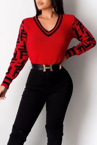 Beautiful Red & Black Letter Sweater Ribbed Striped Patterned