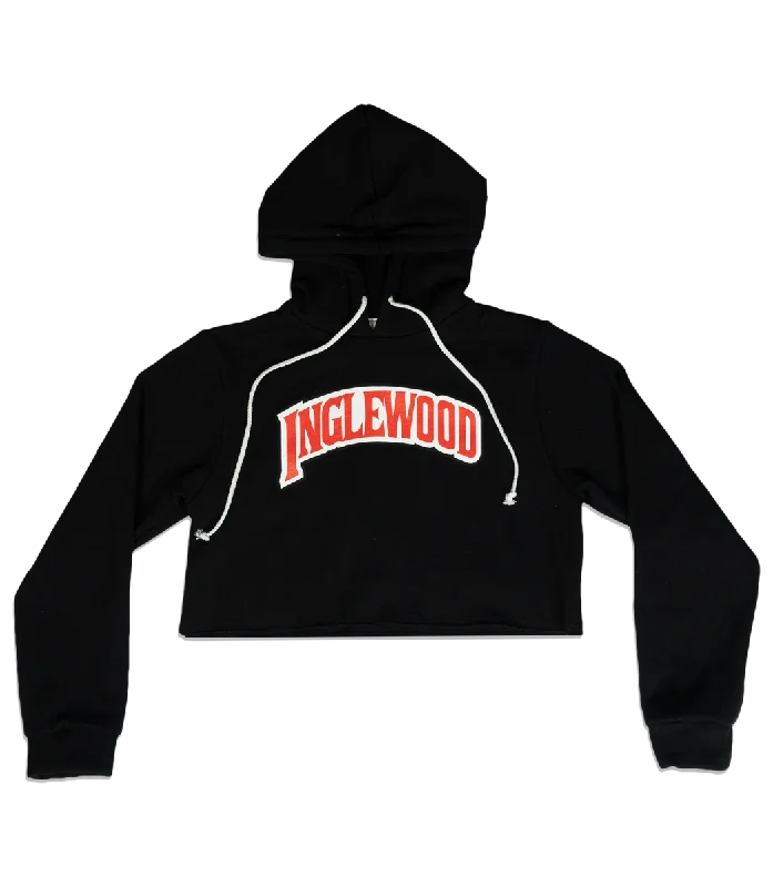 INGLEWOOD CROP TOP HOODIE BLACK Hooded Caped Shawl Collar