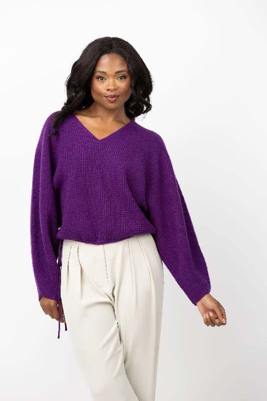 The Sei V-Neck Sweater in Eggplant Solid Color Striped Floral Print