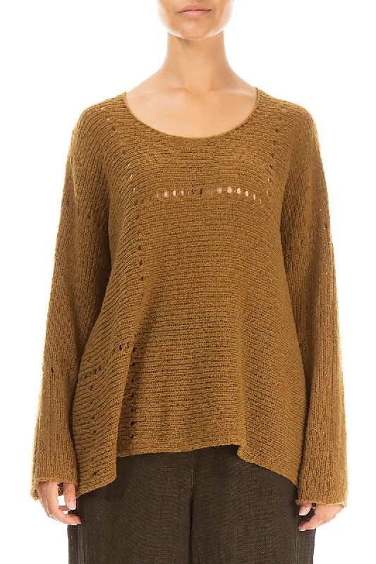 Boxy Pinhole Mustard Wool Sweater Graphic Sweater Embroidered Appliqued