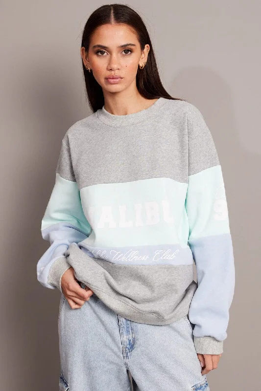 Blue Graphic Sweater Long Sleeve Herringbone Houndstooth Plaid