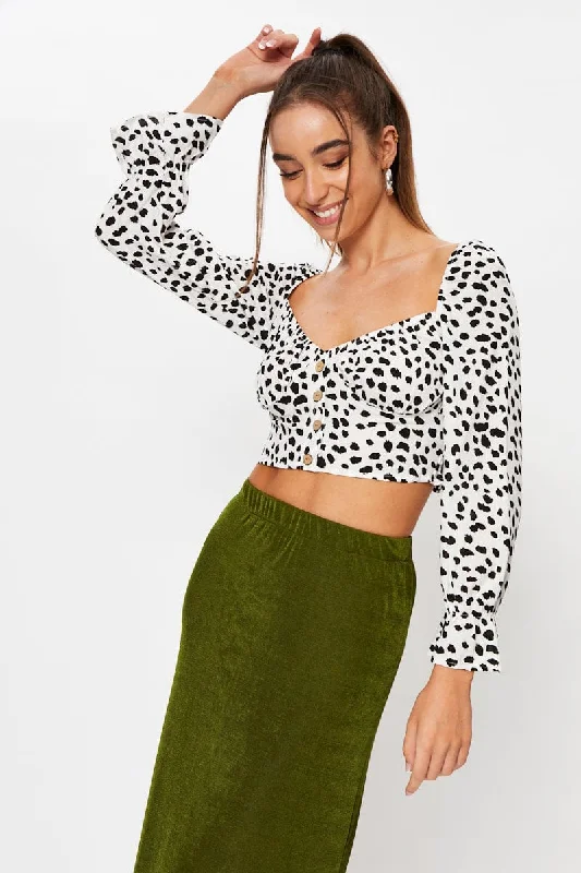 Geo Print Long Sleeve Geo Print Semi Crop Top Collared Crew Neck Turtle Neck