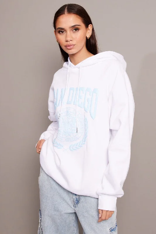 White Graphic Hoodie Sweater Long Sleeve Iron Safe Non-Iron Wrinkle Free