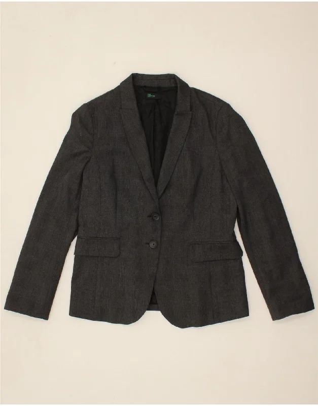 BENETTON Womens 2 Button Blazer Jacket UK 14 Medium  Black Polyester Chenille Fabric Brocade Fabric Lace Fabric