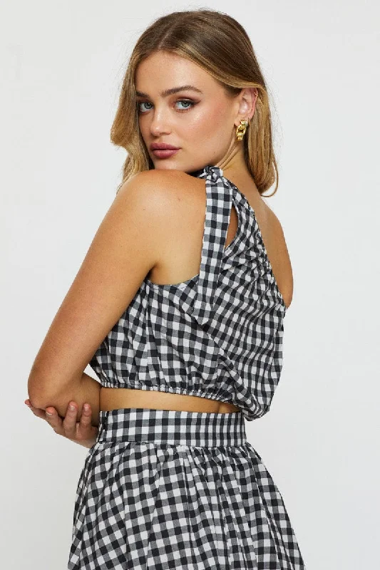 Check Crop Top One Shoulder Linen Iron Safe Non-Iron Wrinkle Free