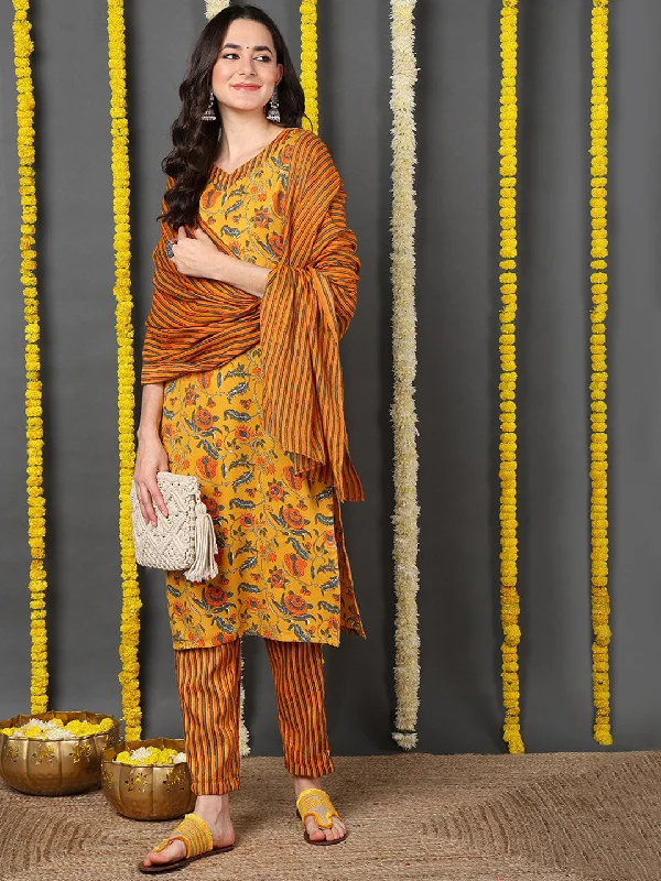 Yellow Cotton Blend Floral Printed Straight Kurta Trouser With Dupatta Trousers Prom Sequined