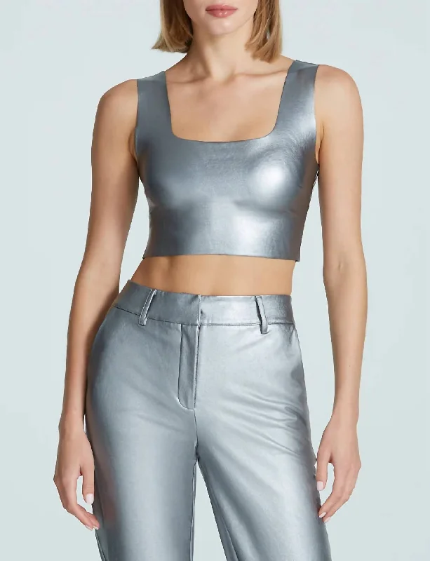 Faux Leather Squareneck Crop Top In Platinum Machine Wash Dry Clean Hand Wash