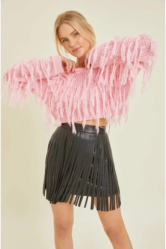 Fringe Benefits Pink Fringe Cropped Sweater Sweater Knitwear Pullover