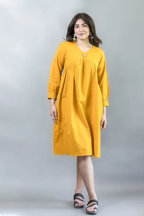 Moralfibre Golden Yellow Dress With Hand Embroidered, Mirrored Broach & Folded Sleeve Pattern Tunics Fleece cozy