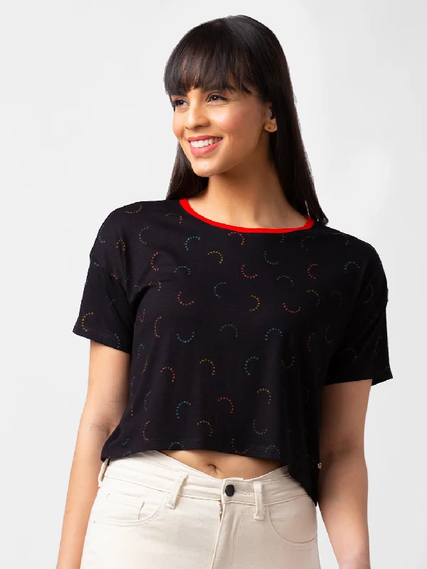 Spykar Women Black Blended Slim Fit Half Sleeve Printed Crop Top Asymmetrical Pockets Print